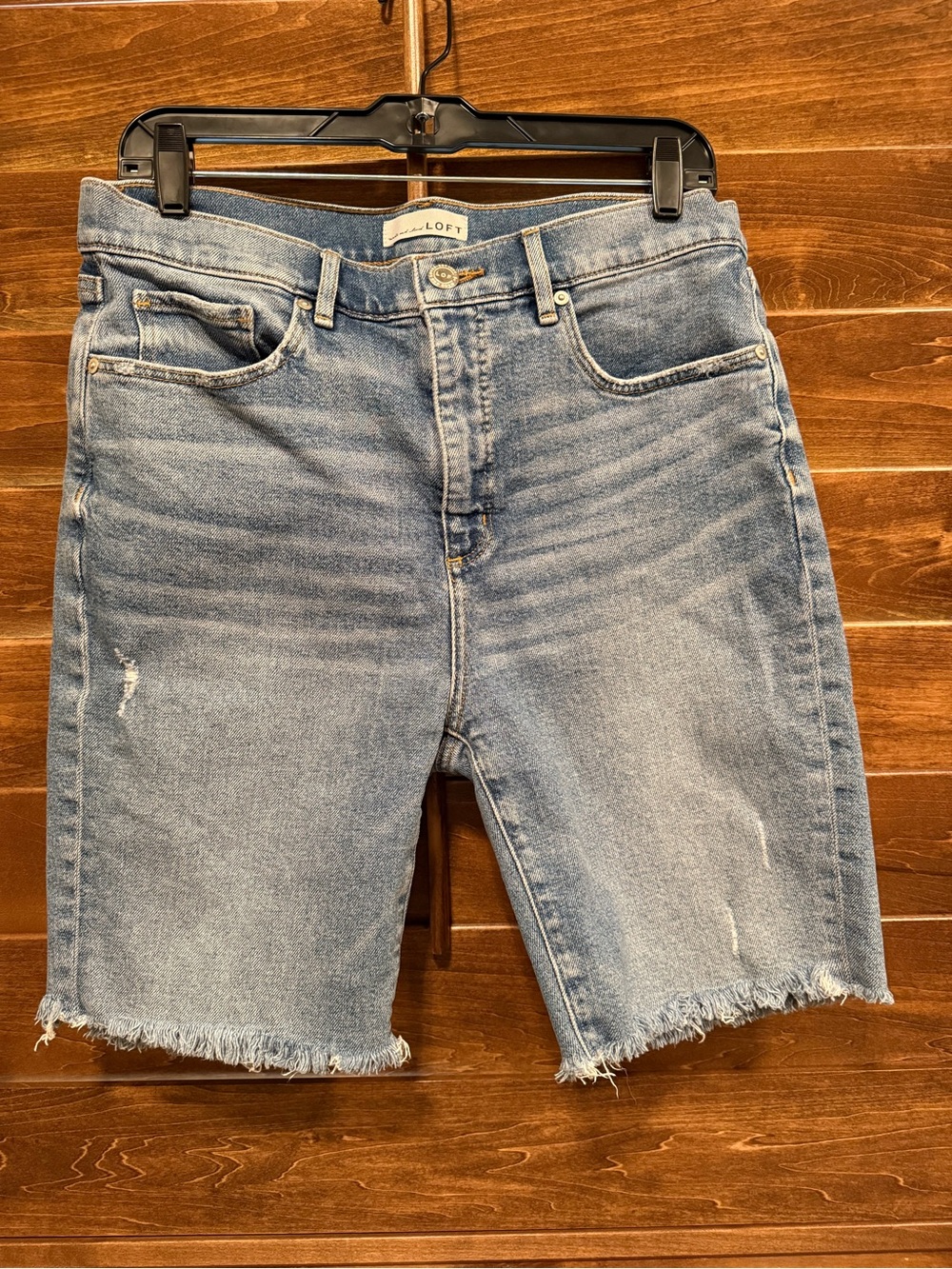 LOFT Light Blue Frayed Hem Denim Bermuda Shorts